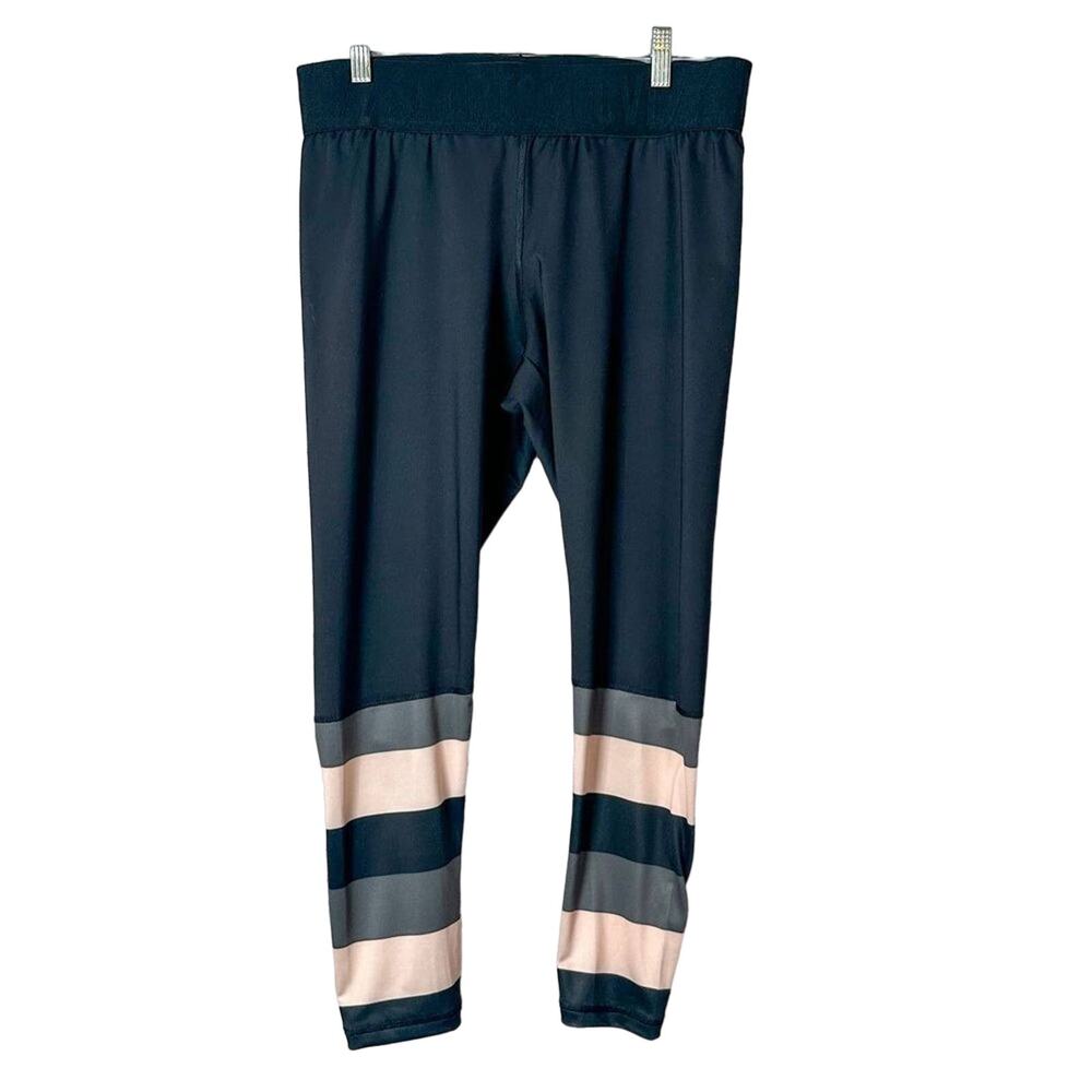 Crivit Women's Striped Athletic Yoga Leggings Black Pink & Gray Large 12/14